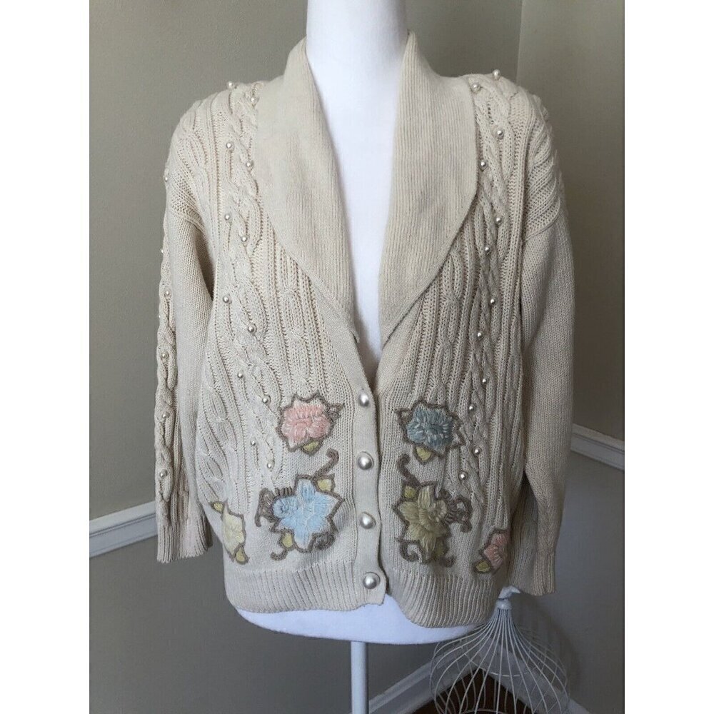 Vintage Chaus Petite Size Small Cream Cable Knit Sweater Beaded Embroidered